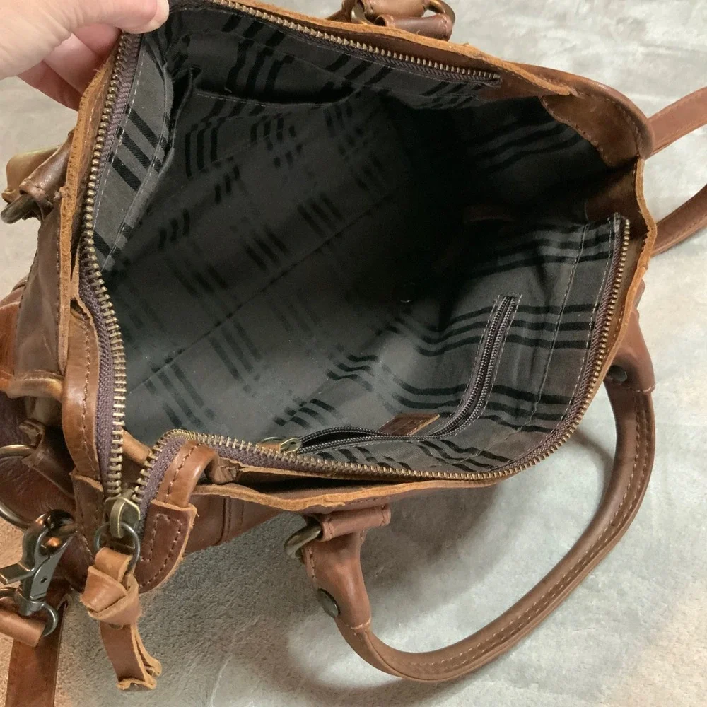 Frye Melissa Cognac Brown Leather Satchel Shoulder Bag Antique Brass Hardware